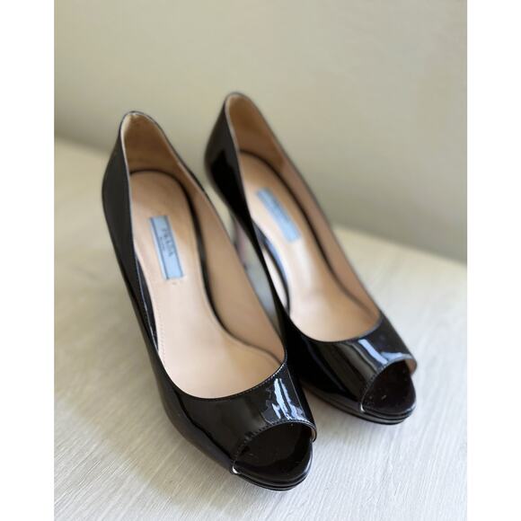 PRADA Patent Leather Peep-Toe Stiletto Heels Size 36.5 EU - Picture 9 of 12